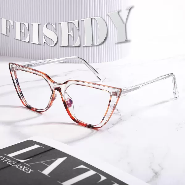 FEISEDY Women Cat Eye Blue Light Blocking Glasse Frame Fake Nerd Clear Square Computer Eyewear Anti Eyestrain B2353Transparent Leopard