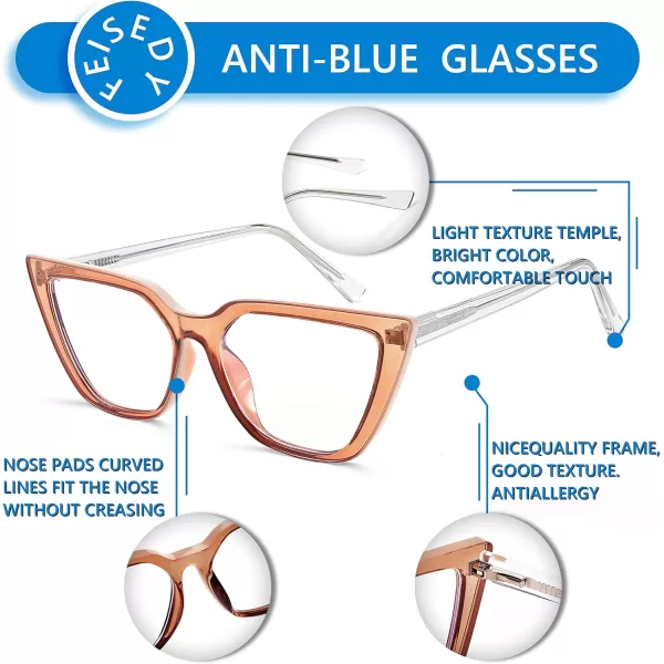 FEISEDY Women Cat Eye Blue Light Blocking Glasse Frame Fake Nerd Clear Square Computer Eyewear Anti Eyestrain B2353Transparent Tea
