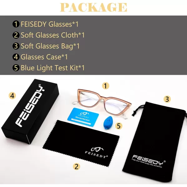 FEISEDY Women Cat Eye Blue Light Blocking Glasse Frame Fake Nerd Clear Square Computer Eyewear Anti Eyestrain B2353Transparent Tea