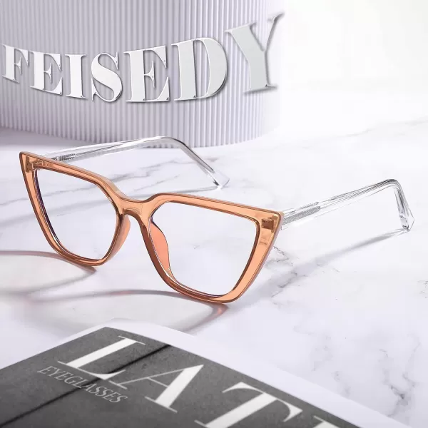FEISEDY Women Cat Eye Blue Light Blocking Glasse Frame Fake Nerd Clear Square Computer Eyewear Anti Eyestrain B2353Transparent Tea