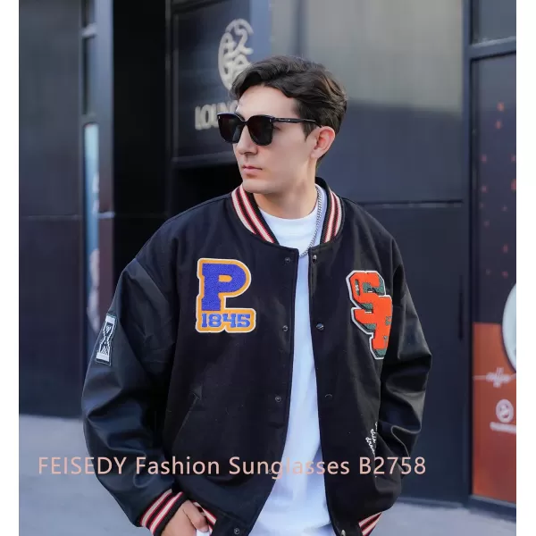 FEISEDY Women Oversized Vintage Polarized Sunglasses Square Cute Trendy Classic Simple Men B2758001 Black Frame  Grey Lens