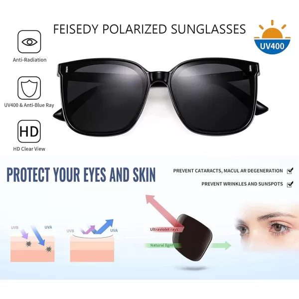 FEISEDY Women Oversized Vintage Polarized Sunglasses Square Cute Trendy Classic Simple Men B2758001 Black Frame  Grey Lens