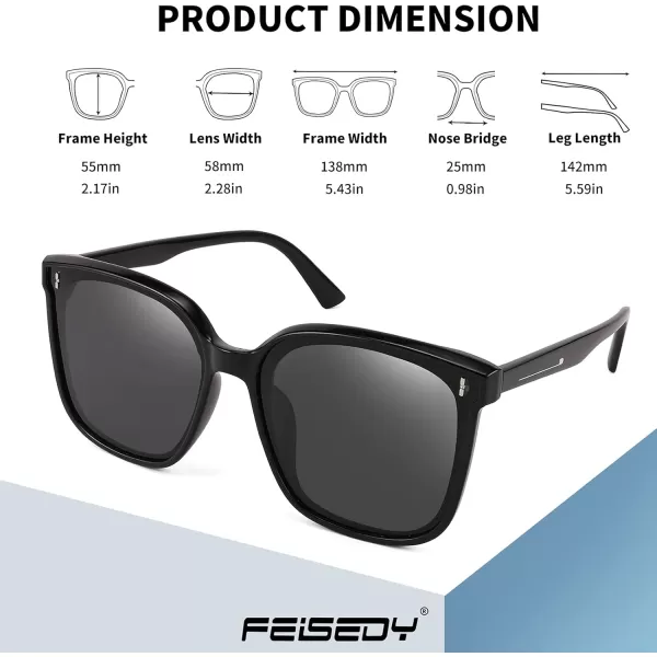 FEISEDY Women Oversized Vintage Polarized Sunglasses Square Cute Trendy Classic Simple Men B2758001 Black Frame  Grey Lens