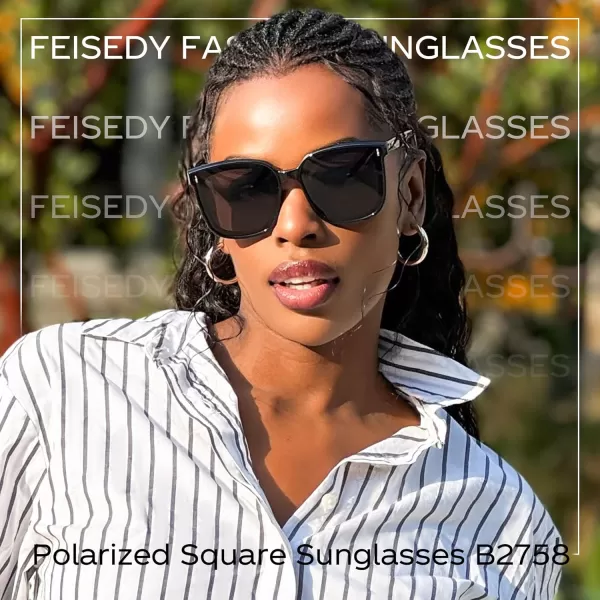 FEISEDY Women Oversized Vintage Polarized Sunglasses Square Cute Trendy Classic Simple Men B2758001 Black Frame  Grey Lens