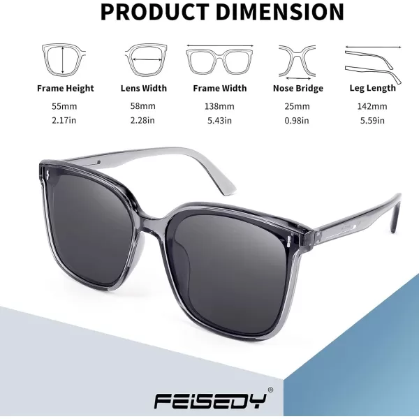 FEISEDY Women Oversized Vintage Polarized Sunglasses Square Cute Trendy Classic Simple Men B2758002 Transparent Grey Frame  Grey Lens
