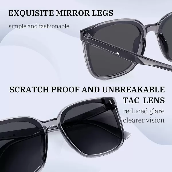 FEISEDY Women Oversized Vintage Polarized Sunglasses Square Cute Trendy Classic Simple Men B2758002 Transparent Grey Frame  Grey Lens