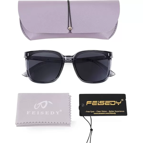 FEISEDY Women Oversized Vintage Polarized Sunglasses Square Cute Trendy Classic Simple Men B2758002 Transparent Grey Frame  Grey Lens