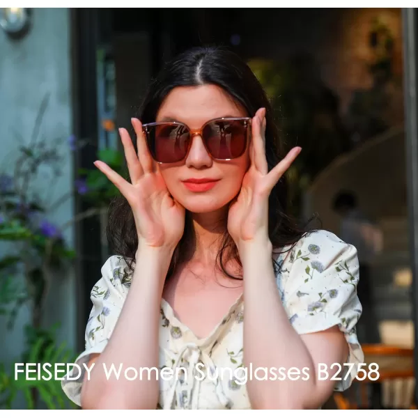 FEISEDY Women Oversized Vintage Polarized Sunglasses Square Cute Trendy Classic Simple Men B2758004 Champagne Frame  Light Tea Lens