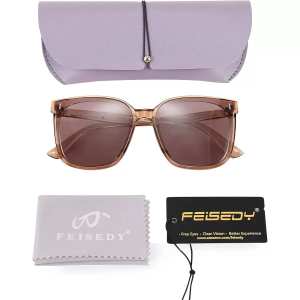 FEISEDY Women Oversized Vintage Polarized Sunglasses Square Cute Trendy Classic Simple Men B2758004 Champagne Frame  Light Tea Lens