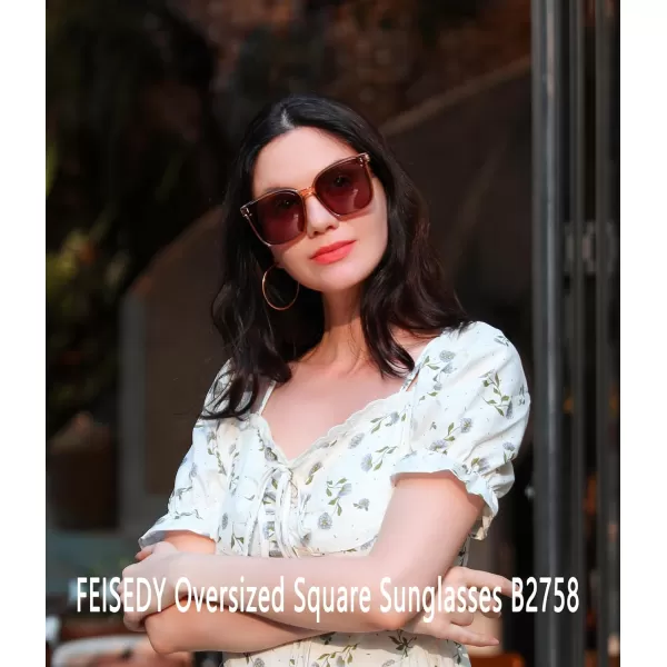 FEISEDY Women Oversized Vintage Polarized Sunglasses Square Cute Trendy Classic Simple Men B2758004 Champagne Frame  Light Tea Lens