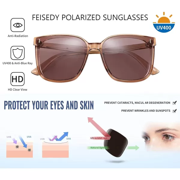 FEISEDY Women Oversized Vintage Polarized Sunglasses Square Cute Trendy Classic Simple Men B2758004 Champagne Frame  Light Tea Lens