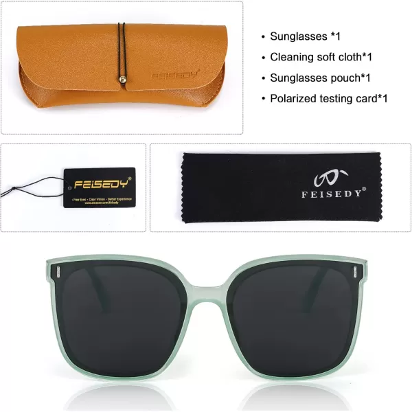FEISEDY Women Oversized Vintage Polarized Sunglasses Square Cute Trendy Classic Simple Men B2758009 Transparent Green Frame  Grey Lens