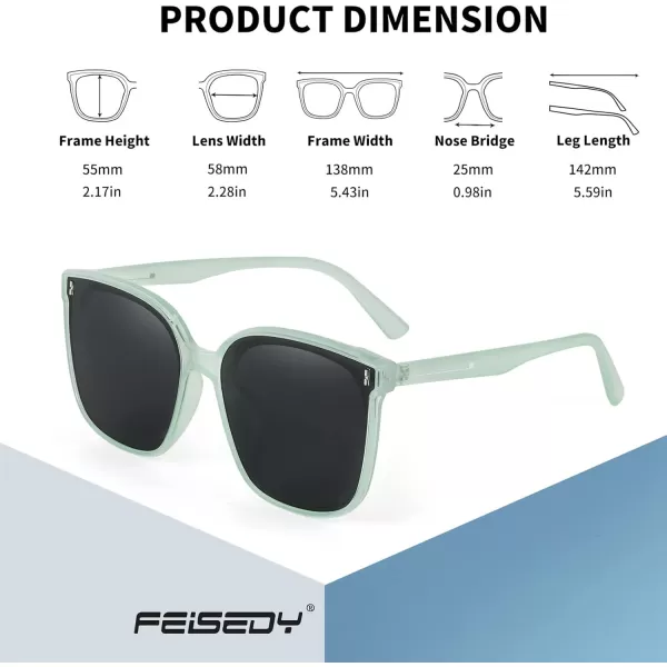 FEISEDY Women Oversized Vintage Polarized Sunglasses Square Cute Trendy Classic Simple Men B2758009 Transparent Green Frame  Grey Lens