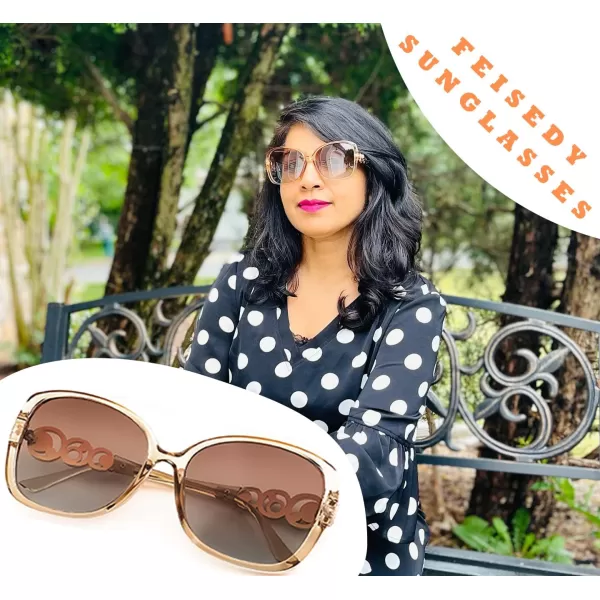 FEISEDY Womens Fashion Sunglasses Oversized Square Frame with Pearl Sparkling Polarized UV Protection B2821Elegant Champagne