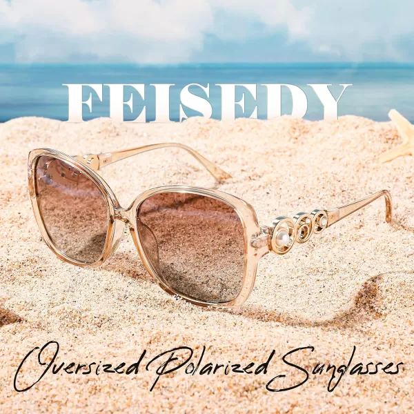 FEISEDY Womens Fashion Sunglasses Oversized Square Frame with Pearl Sparkling Polarized UV Protection B2821Elegant Champagne