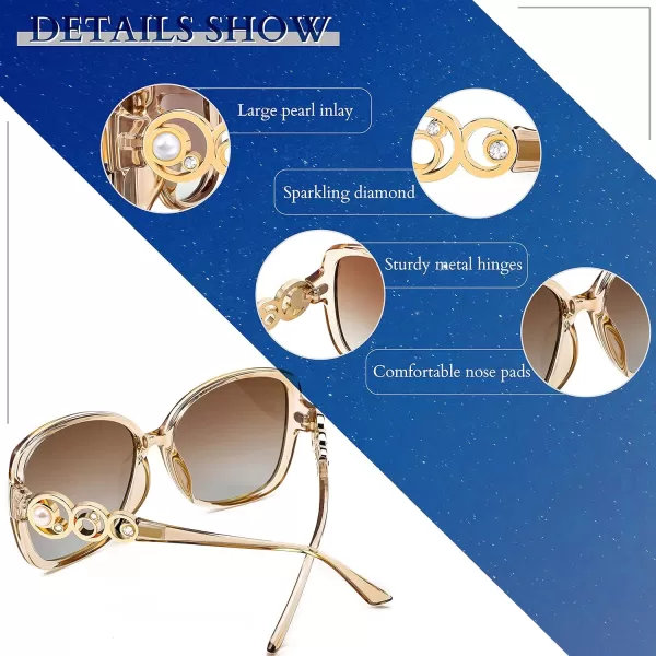 FEISEDY Womens Fashion Sunglasses Oversized Square Frame with Pearl Sparkling Polarized UV Protection B2821Elegant Champagne