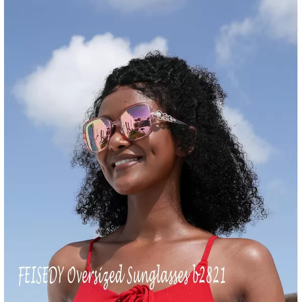 FEISEDY Womens Fashion Sunglasses Oversized Square Frame with Pearl Sparkling Polarized UV Protection B2821Lively Pink