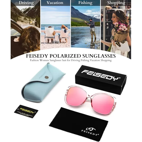 FEISEDY Womens Fashion Sunglasses Oversized Square Frame with Pearl Sparkling Polarized UV Protection B2821Lively Pink