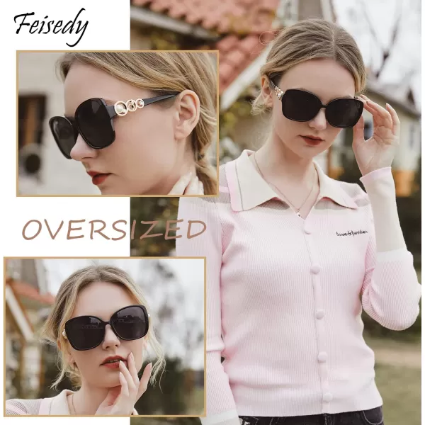 FEISEDY Womens Fashion Sunglasses Oversized Square Frame with Pearl Sparkling Polarized UV Protection B2821Mysterious Black
