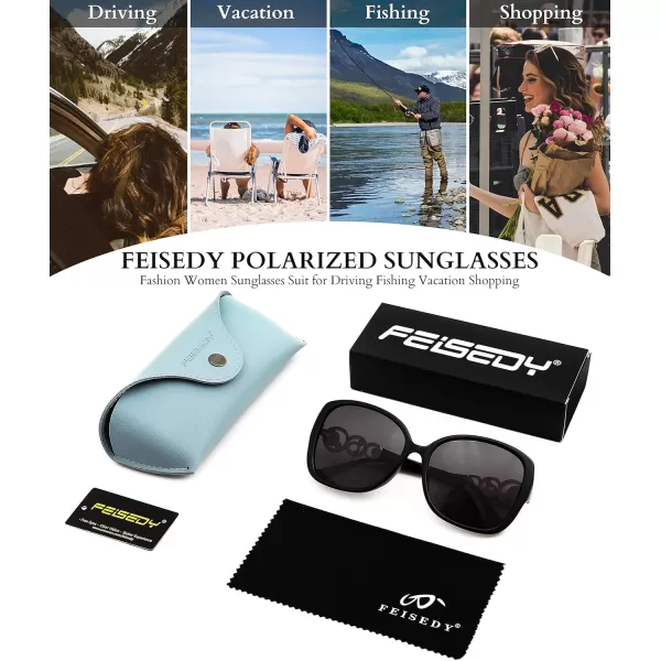FEISEDY Womens Fashion Sunglasses Oversized Square Frame with Pearl Sparkling Polarized UV Protection B2821Mysterious Black