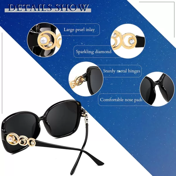 FEISEDY Womens Fashion Sunglasses Oversized Square Frame with Pearl Sparkling Polarized UV Protection B2821Mysterious Black
