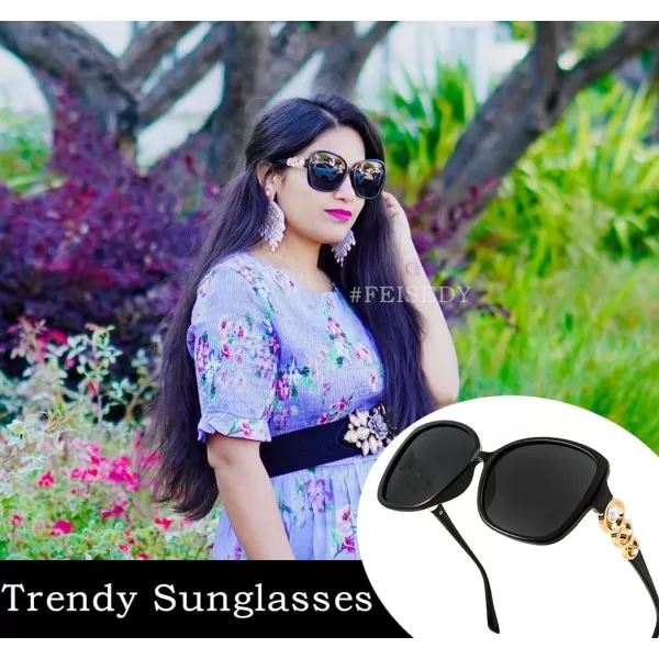 FEISEDY Womens Fashion Sunglasses Oversized Square Frame with Pearl Sparkling Polarized UV Protection B2821Mysterious Black