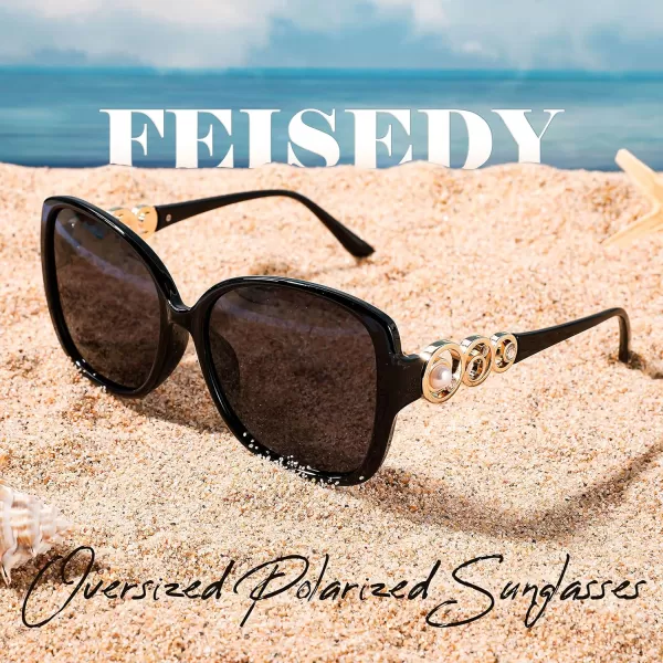 FEISEDY Womens Fashion Sunglasses Oversized Square Frame with Pearl Sparkling Polarized UV Protection B2821Mysterious Black