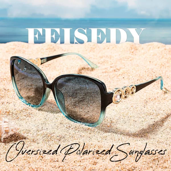 FEISEDY Womens Fashion Sunglasses Oversized Square Frame with Pearl Sparkling Polarized UV Protection B2821Quiet Green