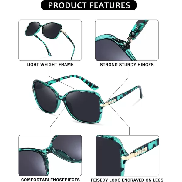 FEISEDY Womens Polarized Sunglasses Trendy Elegant Colored Frame for Ladies UV400 Protection B2760Green Leopard Frame  Grey Lens