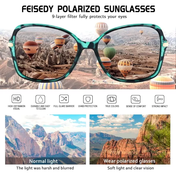 FEISEDY Womens Polarized Sunglasses Trendy Elegant Colored Frame for Ladies UV400 Protection B2760Green Leopard Frame  Grey Lens