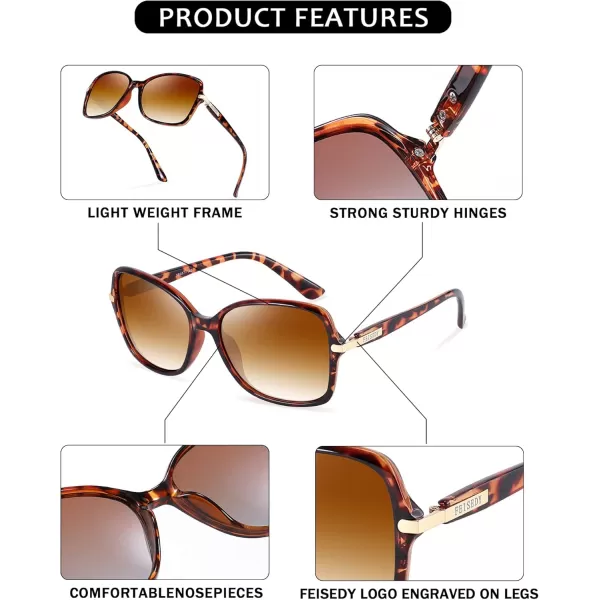 FEISEDY Womens Polarized Sunglasses Trendy Elegant Colored Frame for Ladies UV400 Protection B2760Leopard Frame  Gradual Tea Lens