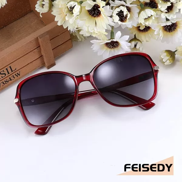 FEISEDY Womens Polarized Sunglasses Trendy Elegant Colored Frame for Ladies UV400 Protection B2760Red Wine Frame  Gradual Grey Lens
