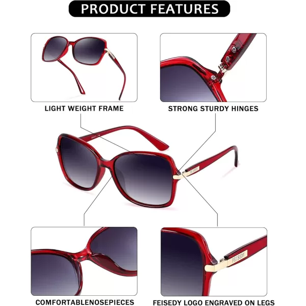 FEISEDY Womens Polarized Sunglasses Trendy Elegant Colored Frame for Ladies UV400 Protection B2760Red Wine Frame  Gradual Grey Lens