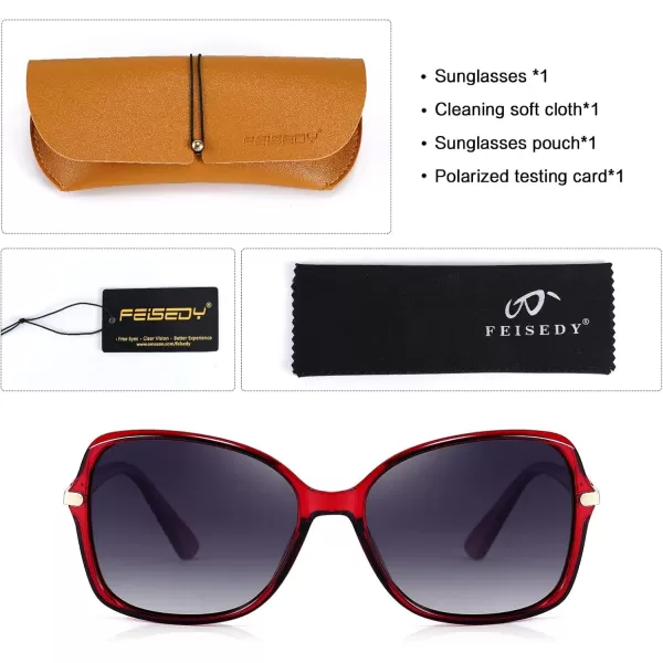 FEISEDY Womens Polarized Sunglasses Trendy Elegant Colored Frame for Ladies UV400 Protection B2760Red Wine Frame  Gradual Grey Lens