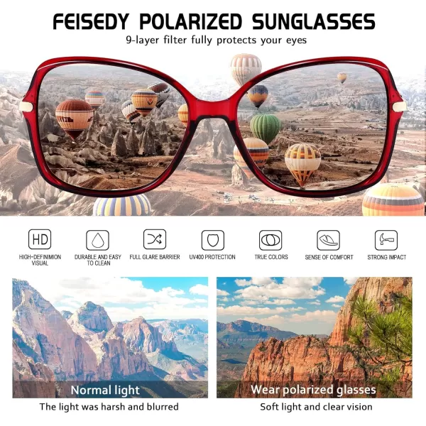 FEISEDY Womens Polarized Sunglasses Trendy Elegant Colored Frame for Ladies UV400 Protection B2760Red Wine Frame  Gradual Grey Lens
