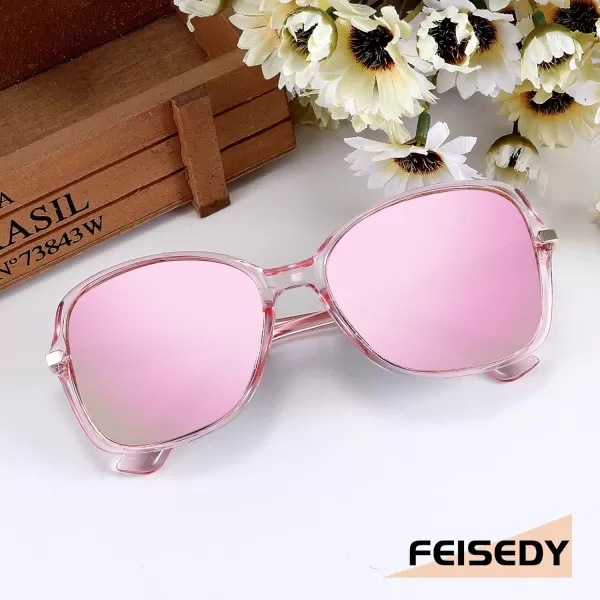 FEISEDY Womens Polarized Sunglasses Trendy Elegant Colored Frame for Ladies UV400 Protection B2760Transparent Pink Frame  Pink Mirror Lens Lens