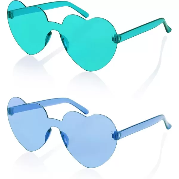 FEISEDY 2 Pack Rimless Heart Shaped Sunglasses Party Glasses Disco One Piece Transparent Trendy Love Glasses B2826F2Blue  Green