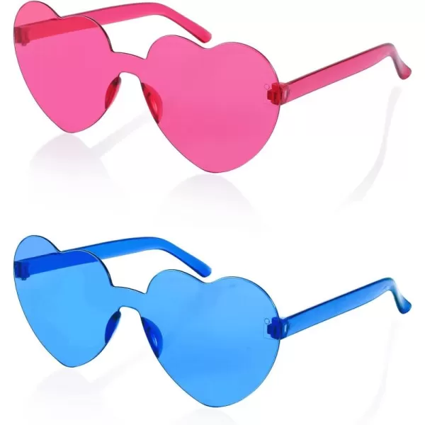 FEISEDY 2 Pack Rimless Heart Shaped Sunglasses Party Glasses Disco One Piece Transparent Trendy Love Glasses B2826F2Blue  Rose Red