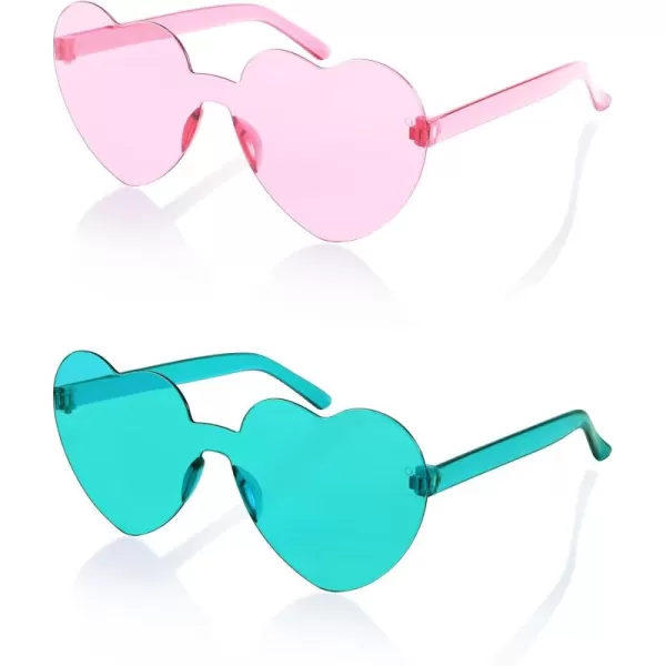 FEISEDY 2 Pack Rimless Heart Shaped Sunglasses Party Glasses Disco One Piece Transparent Trendy Love Glasses B2826F2Green  Pink