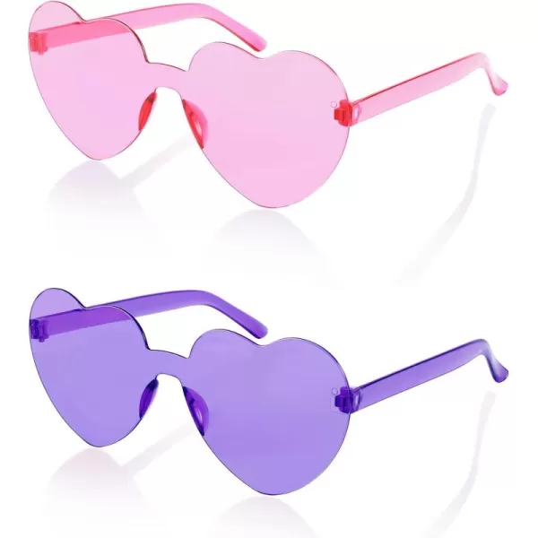FEISEDY 2 Pack Rimless Heart Shaped Sunglasses Party Glasses Disco One Piece Transparent Trendy Love Glasses B2826F2Purple  Pink