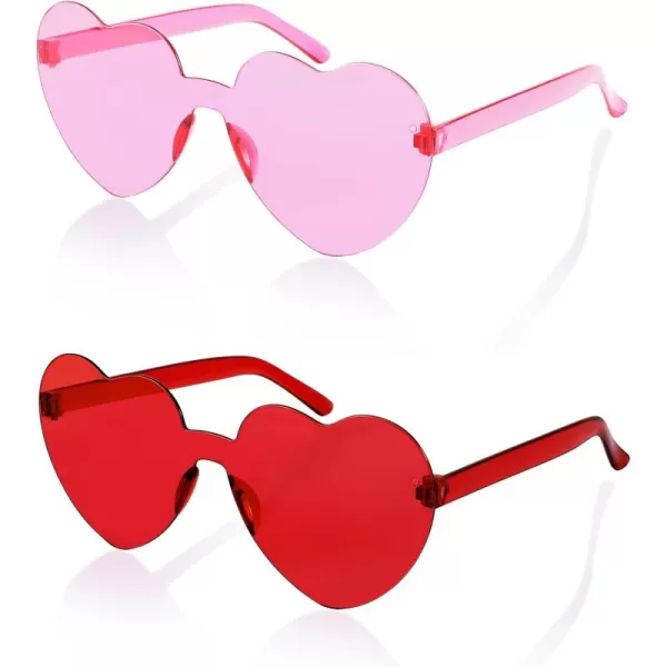 FEISEDY 2 Pack Rimless Heart Shaped Sunglasses Party Glasses Disco One Piece Transparent Trendy Love Glasses B2826F2Red  Pink