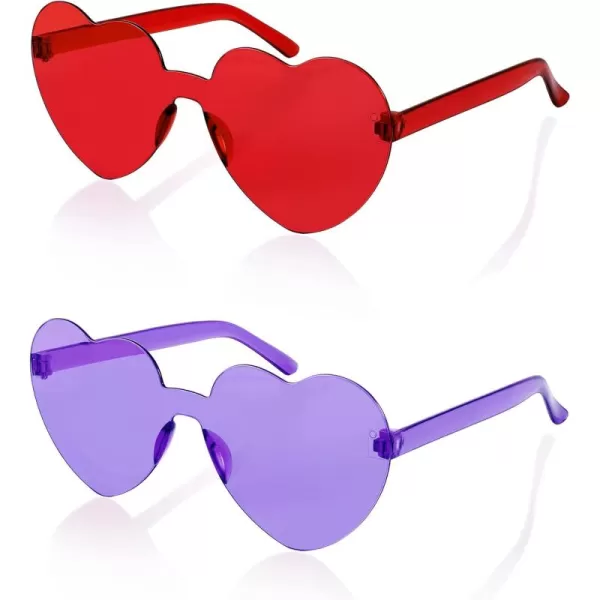 FEISEDY 2 Pack Rimless Heart Shaped Sunglasses Party Glasses Disco One Piece Transparent Trendy Love Glasses B2826F2Red  Purple