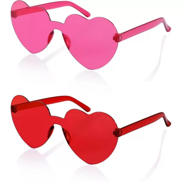 FEISEDY 2 Pack Rimless Heart Shaped Sunglasses Party Glasses Disco One Piece Transparent Trendy Love Glasses B2826F2Red  Rose Red
