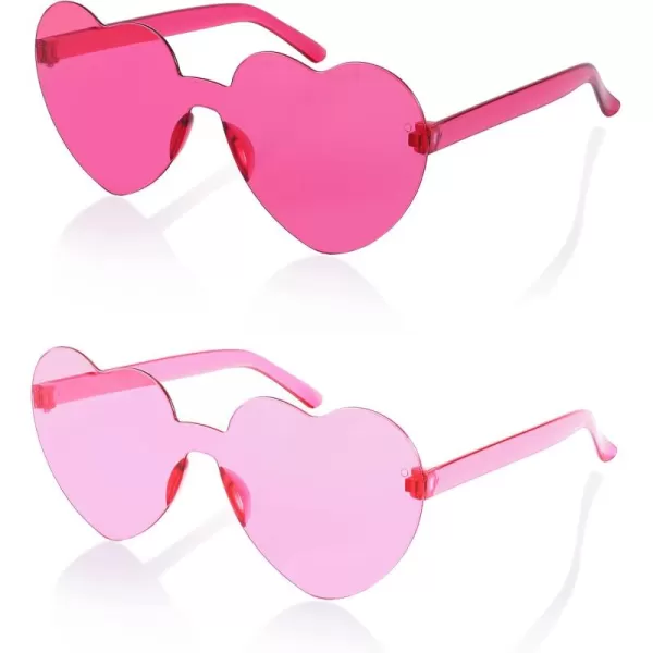FEISEDY 2 Pack Rimless Heart Shaped Sunglasses Party Glasses Disco One Piece Transparent Trendy Love Glasses B2826F2Rose Red  Pink