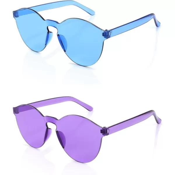 FEISEDY 2 Pack Rimless Round Shaped Sunglasses Women One Piece Transparent Candy Color Cute Glasses B2230Blue  Purple