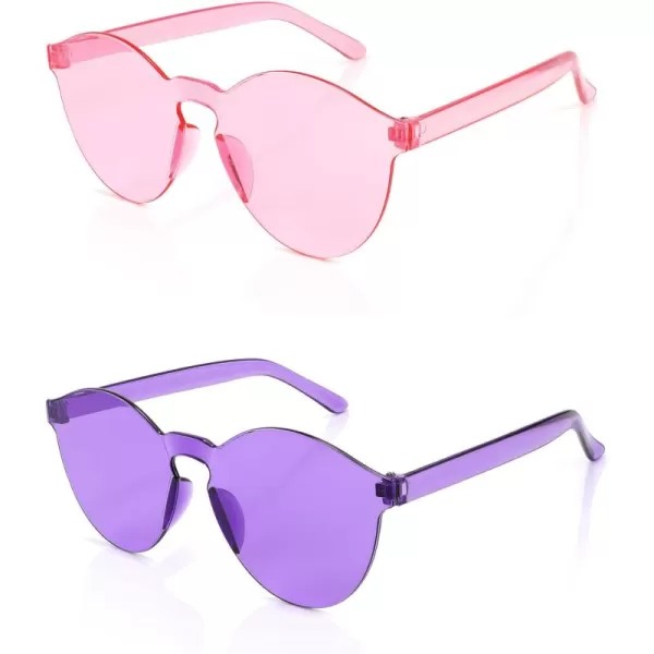 FEISEDY 2 Pack Rimless Round Shaped Sunglasses Women One Piece Transparent Candy Color Cute Glasses B2230Pink  Purple