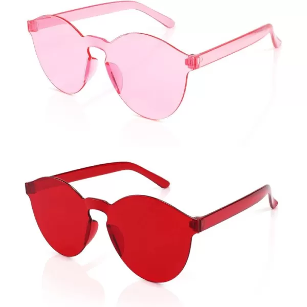 FEISEDY 2 Pack Rimless Round Shaped Sunglasses Women One Piece Transparent Candy Color Cute Glasses B2230Pink  Red