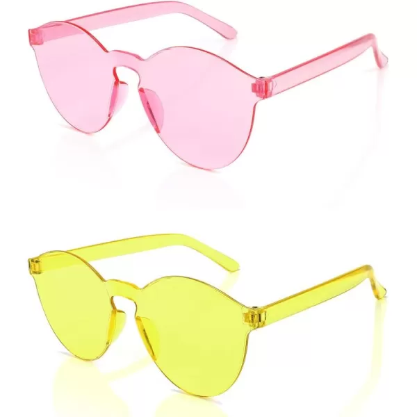 FEISEDY 2 Pack Rimless Round Shaped Sunglasses Women One Piece Transparent Candy Color Cute Glasses B2230Pink yellow