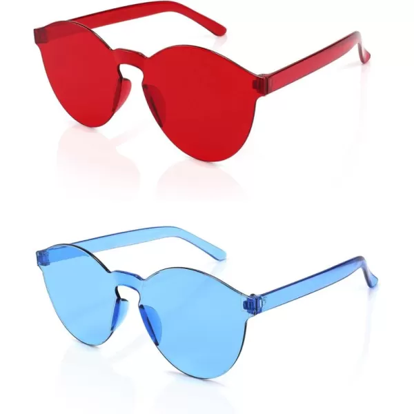 FEISEDY 2 Pack Rimless Round Shaped Sunglasses Women One Piece Transparent Candy Color Cute Glasses B2230Red  Blue