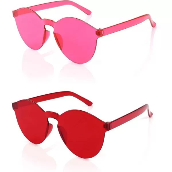 FEISEDY 2 Pack Rimless Round Shaped Sunglasses Women One Piece Transparent Candy Color Cute Glasses B2230Rose Red  Red